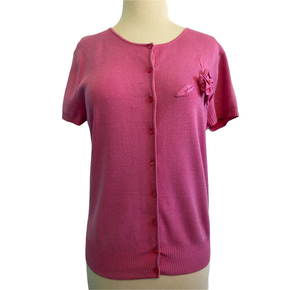 Large Pink Grace Elements Cropped Short Sleeve Sweater Flower Accents Button Dow